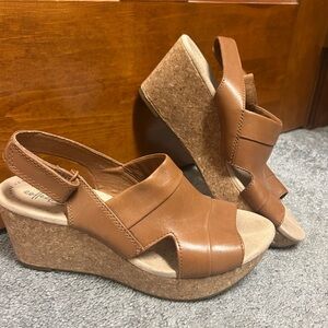 Clarks Tan Leather Wedge Sandals